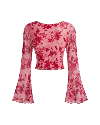 Picture of Floral Print Tie Front Bell Sleeve Mesh Crop Top