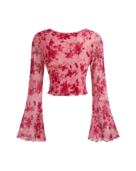 Picture of Floral Print Tie Front Bell Sleeve Mesh Crop Top