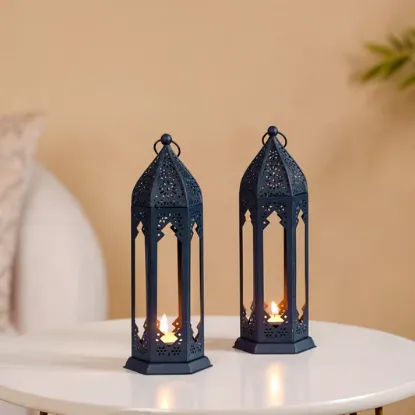 Picture of Navy Blue Moroccan Candle Holder Lantern Set Of 2