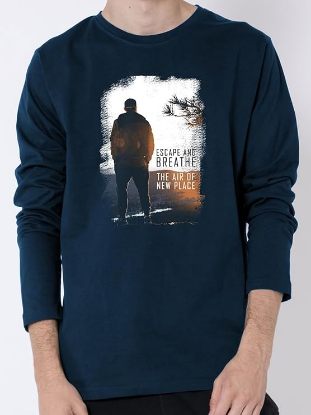 Picture of Bewakoof Men's Make Tracks Graphic Print Blue Polo Long Sleeve T-Shirt