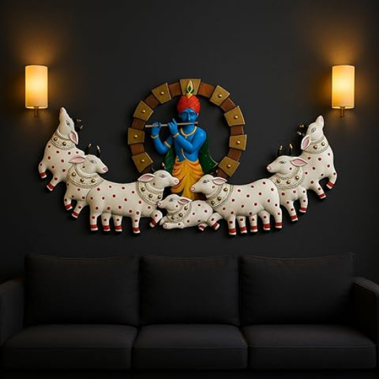 Picture of ZXC Metal Krishna Playing Basuri With Cow Wall Decor
