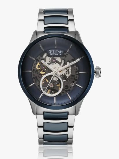 Picture of Titan Automatic Blue Dial Silver & Blue Ceramic Strap Analog Watch - For Men NT90174KD02